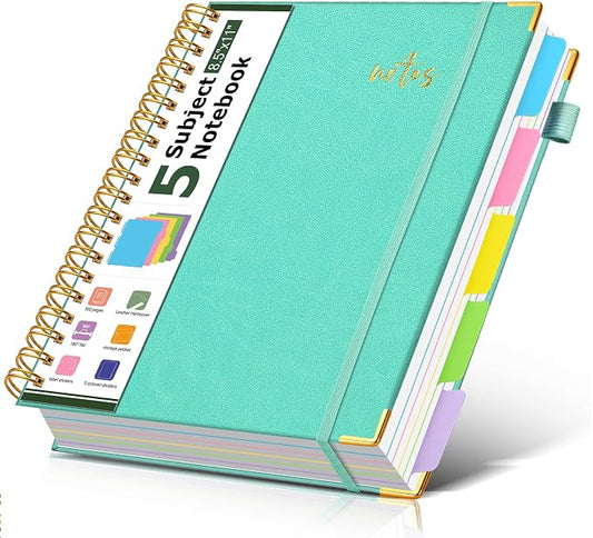 Hardcover Spiral Notebook Journal 8.5" x 11" Leather 5 Subject Notebook with Removable Dividers Tabs, 300 Pages Organizer Notebooks for Work School, College Ruled, Large Lined Journal for Women,Aqure