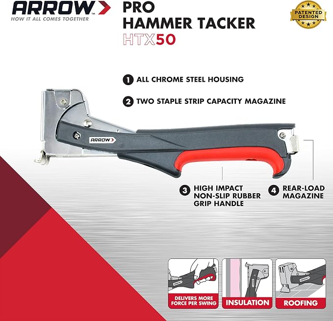 Arrow HTX50 Professional Heavy Duty Hammer Tacker, Manual Stapler for Construction and Insulation, Ergonomic Grip Handle, Dual-Capacity Rear-Load Magazine, Fits 5/16”, 3/8", or 1/2" Staples , Grey