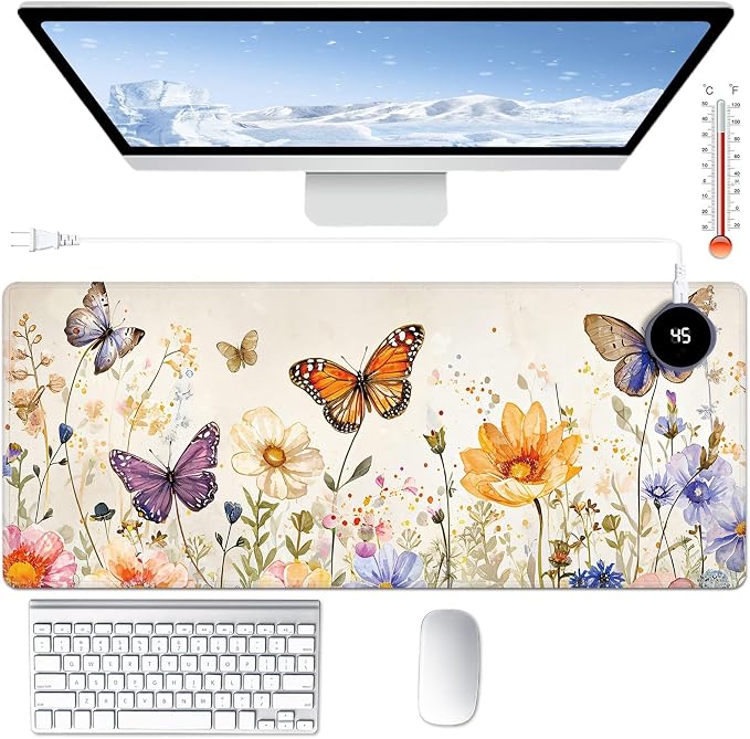 Heated Desk Pad Large Mouse Pad 31.5 x 13 inch with 3 Levels Heating & Auto Shut-Off Warm Mouse pad PU Leather Computer Mousepad for Home Office Work - Watercolor Butterflies and Flowers