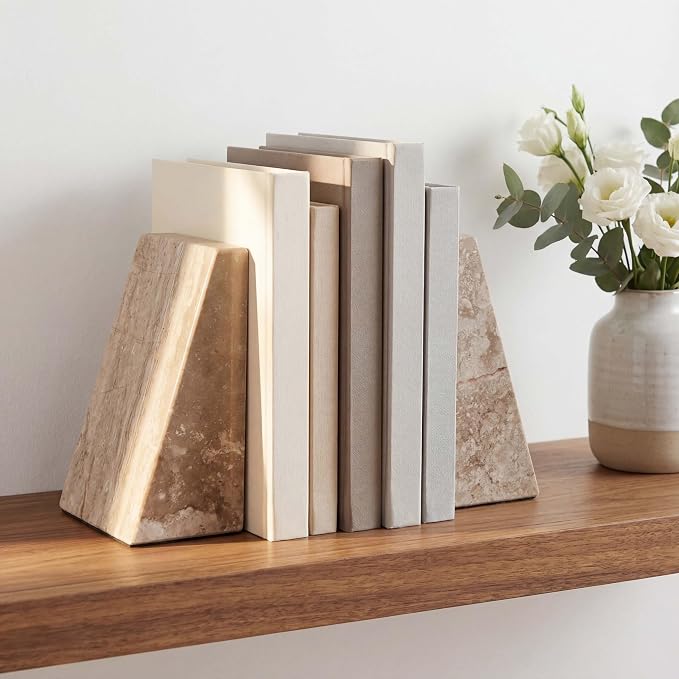 Natural Marble Bookends for Shelves,Office bookends for Heavy Books. Unique Brown Book Ends, Set of 2,Heavy Duty (Grayish-White)