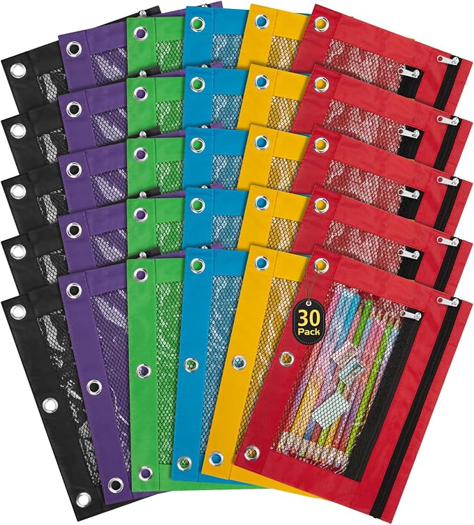 IKAYAS 30 Pack Pencil Pouch for 3 Ring Binder, Pencil Bags for Classroom Bulk Pencil Pouch Box Pencil Case for Storing School Teacher Supplies, 6 Colors