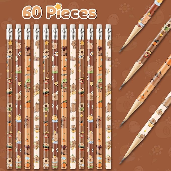 Xqumoi CAPY Pencils with Eraser - Cute CAPY #2 HB Pencils, School Classroom Student Rewards Back to School Office Supply Animal Print Goodie Bag Fillers Stuffers Birthday Party Favors