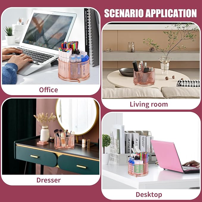 Pen Holder for Desk,360° Rotating Mesh Desk Organizer with Large Capacity 4 Compartments,Multi Functional Desk Accessories and Makeup Brush Holder for Office School Home (Rose Gold)