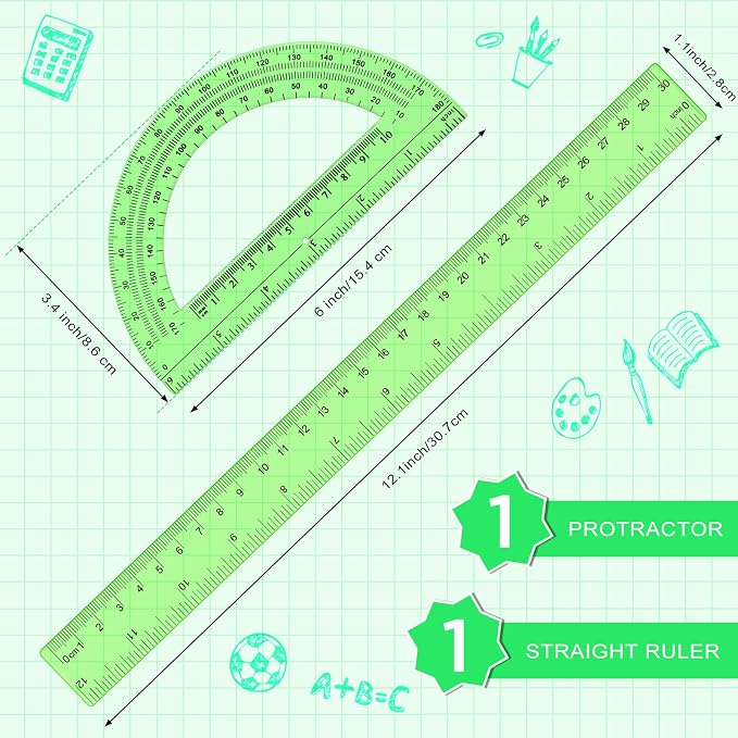 Zonon 2 Pcs 12 Inch Clear Ruler and 6 Inch Plastic Protractor Set, Dual Scale Inch/Cm Math Geometry Measuring Tools for Back to School Students Teachers Classroom Office Drafting Use(Green)