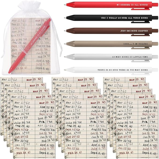 Sayglossy 10 Sets Book Lovers Book Club Journal Ballpoint Pens Welcome Back First Day Gift with Notebooks 6 Styles Library Reading Notebook with Organza Bags