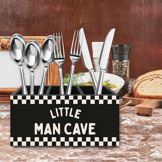 Boys Room Pen Pencil Holder Organizer for Desk, Little Man Cave Black Checkered Wooden Box Signs Decorations for Kids Boys Nursery Bedroom Playroom Desk Tabletop, Race Car Room Decor