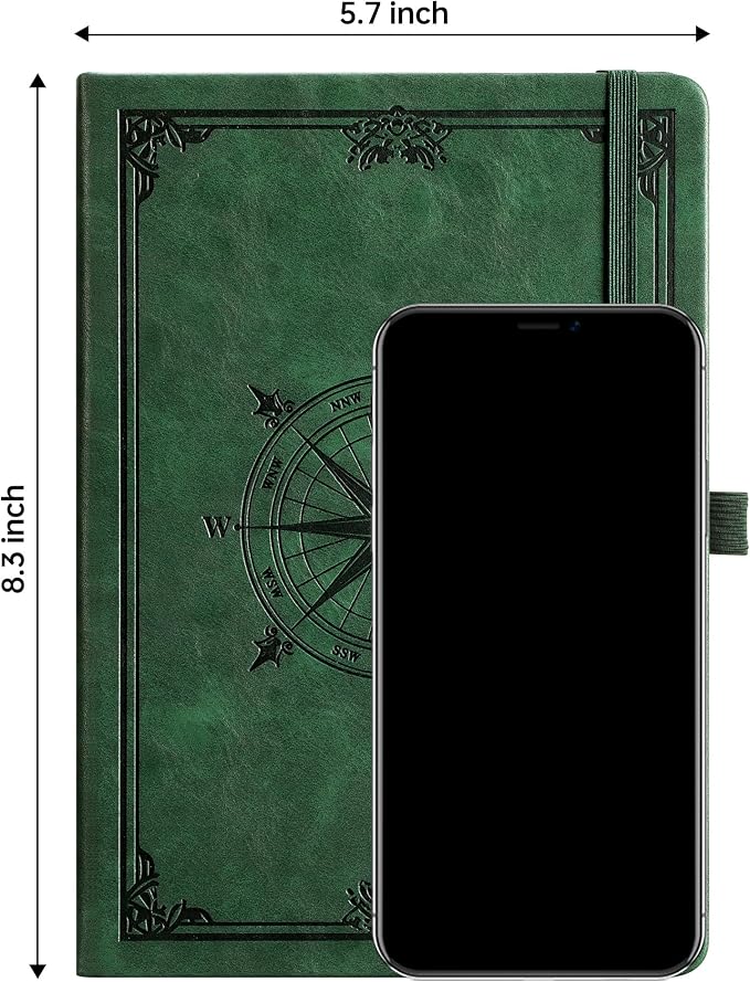 AHGXG Dotted Journal Notebook, 192 Pages, A5 Medium Size (5.7'' x 8.3'') | Leather Hardcover, 100 GSM Thick Paper, for Journaling, Planning, Tracking (Dark green)