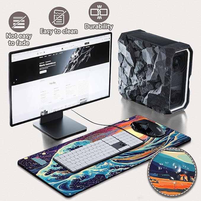 Mouse Pad Gaming - Desk Mat for Keyboard and Mouse - Kanagawa Large Mouse Pad for Desk, Japanese Sea Wave Mousepad (31.5" x 11.8") with Non-Slip Base, Desks Pad Mat for Gaming, Office and Home