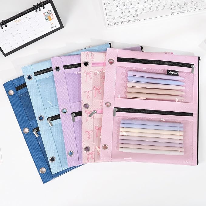 SKYDUE Binder Pencil Pouch for 3 Ring Binder, 3 Compartment Zipper Case, Large Capacity Pen Organizer with Clear PVC Window for School Supplies, Students, Kids & Teachers