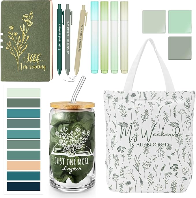 Havawish 14 Pcs Book Lovers Gift for Women 16 oz Glass Cup Tote Bag A6 Journal Notebook Pens Highlighters Sticky Notes Back to School Teacher Librarian Bookish Book Club(Light Green,Aesthetic)