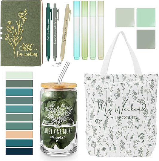 Havawish 14 Pcs Book Lovers Gift for Women 16 oz Glass Cup Tote Bag A6 Journal Notebook Pens Highlighters Sticky Notes Back to School Teacher Librarian Bookish Book Club(Light Green,Aesthetic)