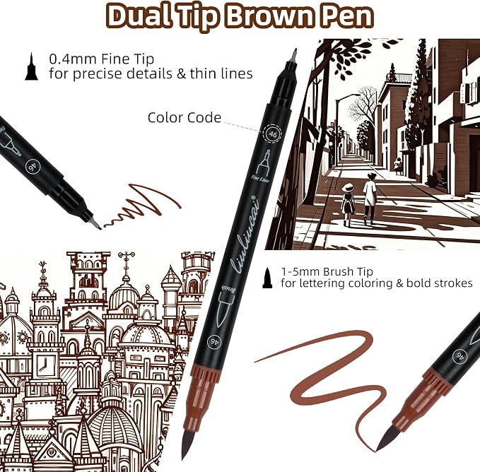 LIULIUCAI 10 Brown Dual Markers, Fine & Brush Tip Pen for Adult Coloring | Drawing Pen, Earthy Brown Markers for Wood Textures, Rustic Illustrations, Animal Sketches , Cozy Interiors, No Bleeding