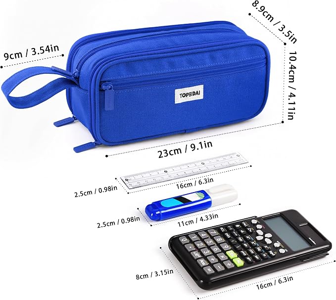 TOPBIDAI Large Pencil Case Pouch for Girls Boy Women Men Adults | Big Capacity Canvas Pencil Bag, Office School Supplies, Multi Compartment Zipper Stationery Pen Box (Dark Blue)