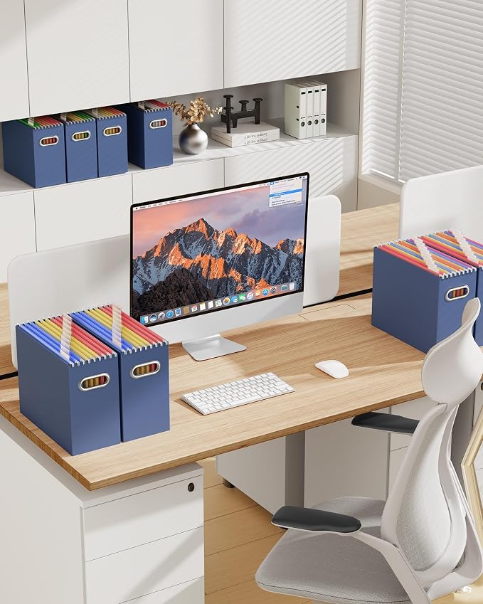 Oterri File Organizer Box, Portable Collapsible Cardboard File Folder Organizer with Handle for Letter Size Hanging Files, Document Storage Box for Home Office & Classroom (2 Packs, Navy)