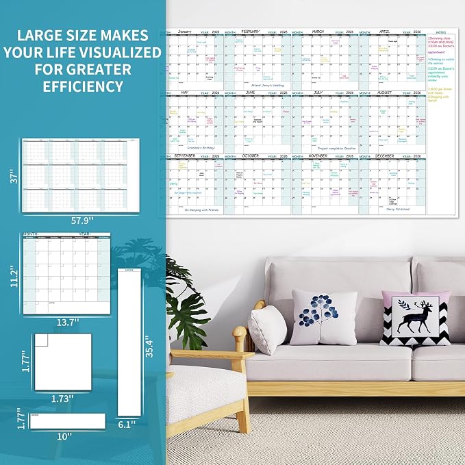 Large Dry Erase Calendar for Wall – Yearly Wall Calendar Dry Erase Large | 58"x 37", 12-Month Undated Blank Calendar, Reusable Laminated with 15 Round Stickers, Perfect for Office, Home and Classroom