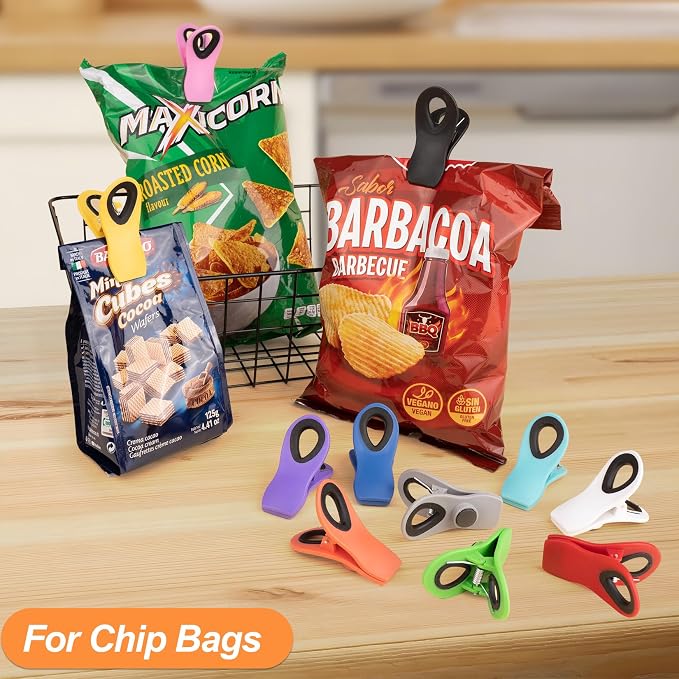 JETMORE 12 Pack Chip Clips, Plastic Magnetic Bag Clips for Food, Clip | Built-in magnets keep notes visible on the fridge, bag clips seal snacks and bread, while food clips suit freezer packages