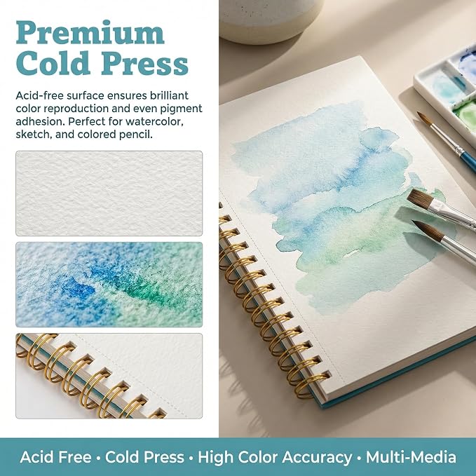 Watercolor Paper Pad 4"×6", Small Watercolor Sketchbook 140lb/300g, 30 Sheets Spiral Bound Art Journal for Drawing & Painting Gifts for Artists