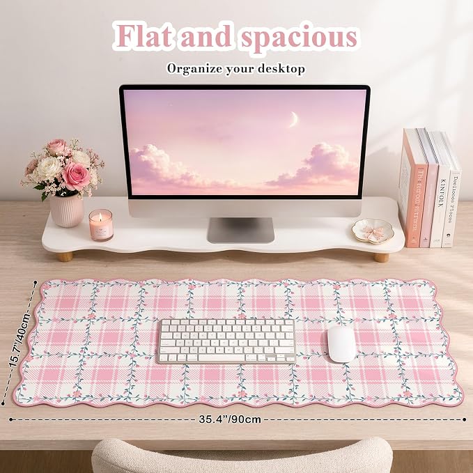 iCasso Vintage Floral Desk Mat, Large Mouse Pad, XXL Leather Scalloped Checkered Computer Mat, Back to School Girly Non-Slip Base Mousepad, Pink Desk Accessories for Home Office (Light Pink)