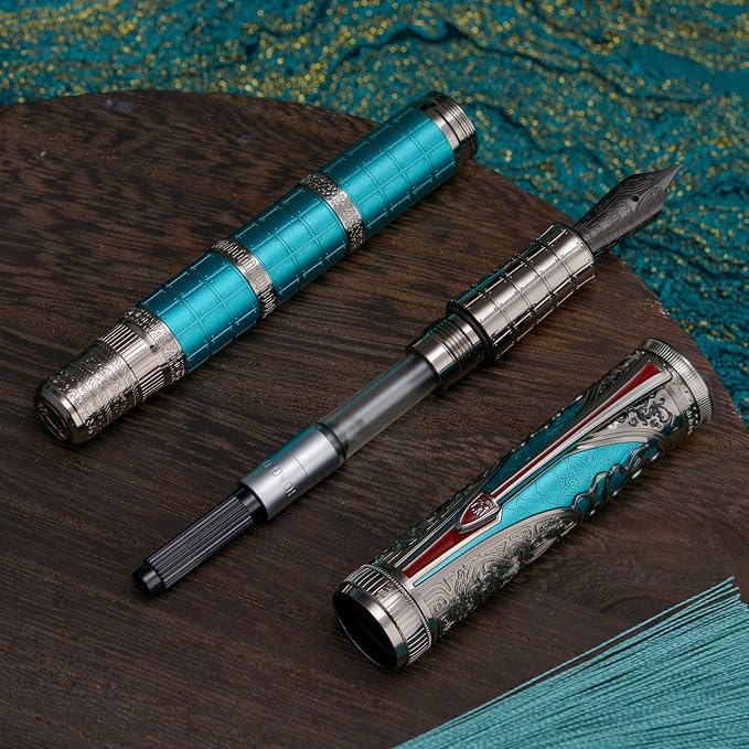 Hongdian D5X Fountain Pen Turquoise Color Fine Nib, Qin Dynasty Retro Chinese Totem Engraving Smooth Writing Pen with Converter and Pen Box Set