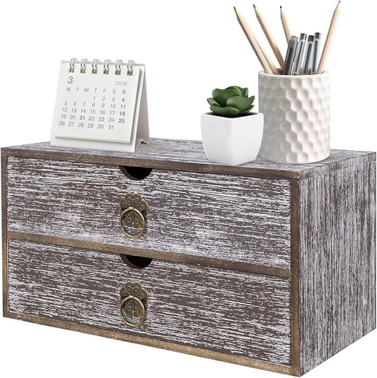 Wood Desk Organizer, Washed Brown Wooden Desktop Organizer with Drawer, Tabletop Storage Organization Box for Countertop, Home Office Supplies, Bills, 13.3 x 6.5 x 7 Inches(2 Drawer)