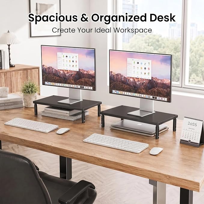 OPNICE Desk Organizers and Accessories, Adjustable Computer Monitor Stand Riser, Laptop Stand for Desk, Office Desk Accessories & Workspace Organizers for Home Office, Black Wood