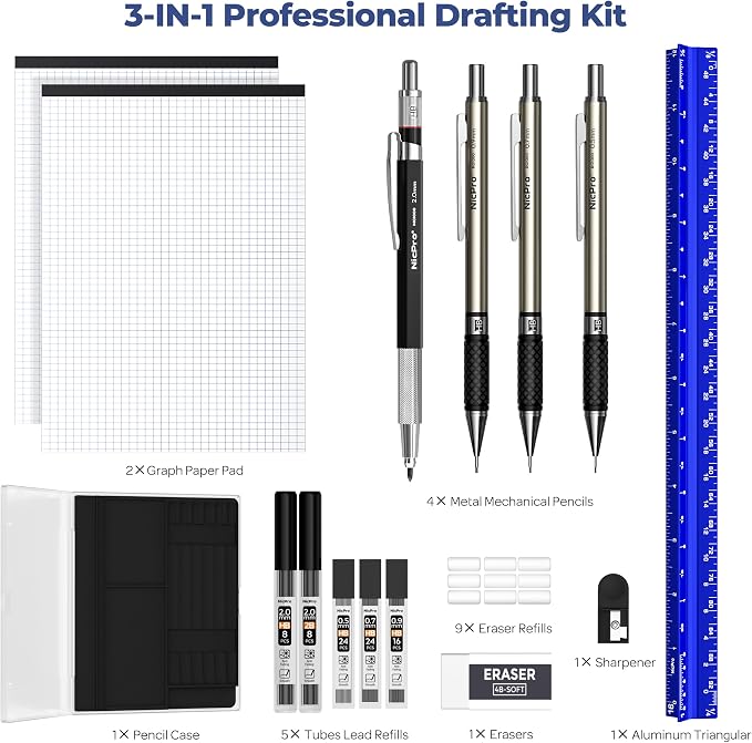 Nicpro 16PCS Drafting Tool Geometry Set with 12'' Architectural Scale Ruler | Complete Geometry Drawing Kit, Mechanical Pencils 0.5, 0.7, 0.9 & 2mm, Lead Refills, Graph Paper, for Engineers Students