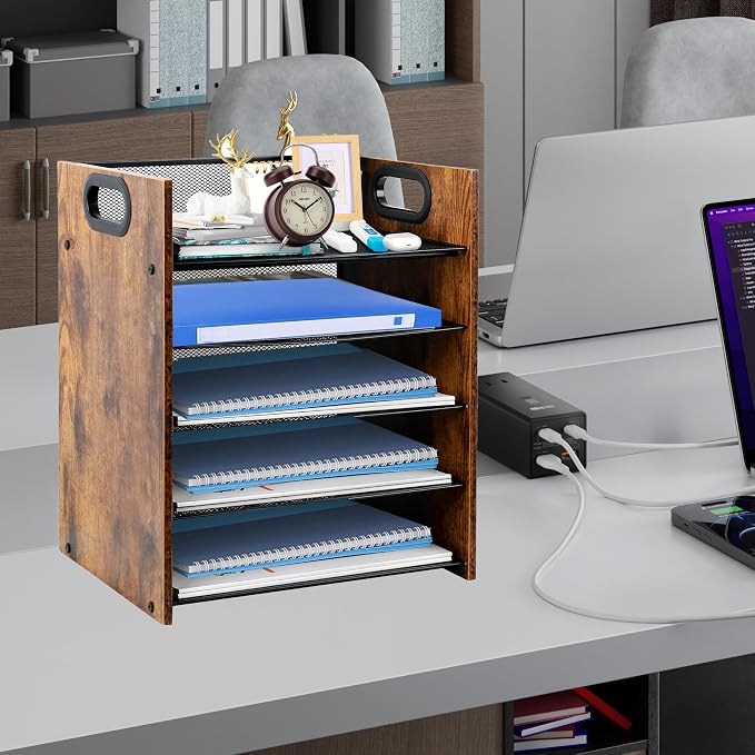 Desk Organizer - 5-Tier Desktop File Organizer, Wooden Paper Tray Organizer, Office Desk Organzier and Accessories for Papers, Mail, Notebooks, Stationery