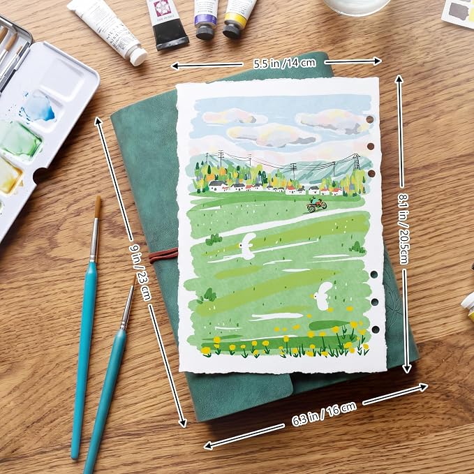 Watercolor Journal, 24 Sheets Cold Press Paper, 5.5 x 8.1 in, Green | Deckle Edge Paper, Leather Cover, Ring Binder, Mixed Media Sketchbook for Artists, Students, Travel, Class, and Home Use