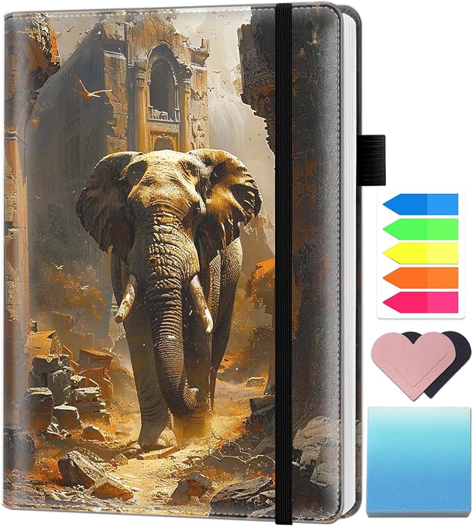 A5 Leather Lined Journal Notebook, 200 Pages Hardcover Executive Notebook for Men Women Office School Note Taking, Thick Writing Paper Daily Journal with Bookmarks/Indexes, Animal Elephant