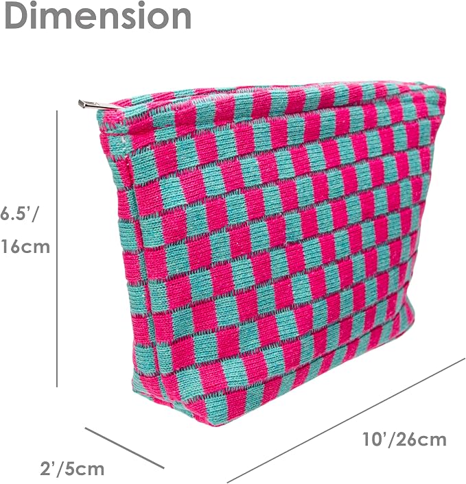 Checkered Makeup Bag for Purse, Small Flat Cosmetic Pouch,Magenta Green | Cute Zipper Makeup Organizer for Women, Travel Essentials, Toiletries, Makeup Brushes, Beauty Accessories&Bridesmaid Gifts
