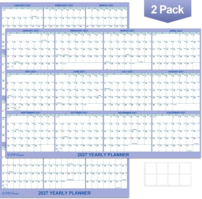 2 Pack 24" x 36" 2027 Wall Calendar, Folded Wet & Dry Erase 12 Month | Folded Wet & Dry Erase Wall Calendar 12 Month, Yearly Laminated Reversible Annual Planner, Horizontal/Vertical, Julian Dates