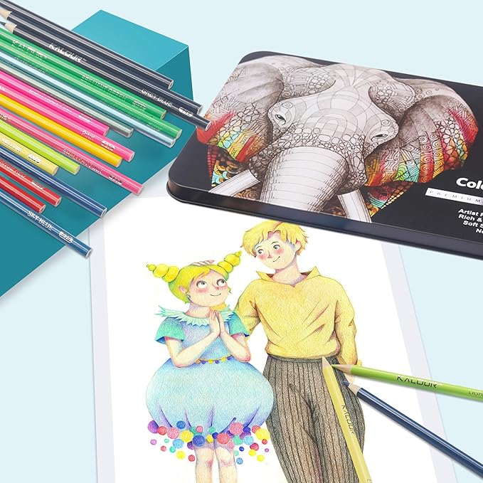 KALOUR 180 Colored Pencil Set for Adults Artists - Rich Pigment Soft Core -12 Metallic Pencil - Ideal for Coloring Drawing Sketching Shading Blending - Vibrant Color（Tin Case）