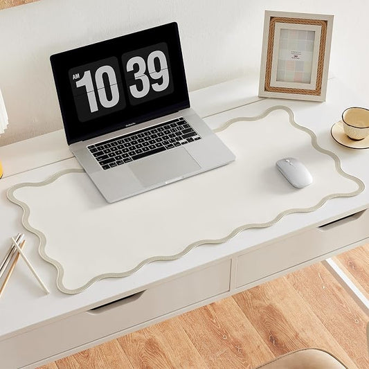 Scalloped Desk Mat, 31.5" x 15.7", PU Leather, Waterproof Anti-Slip, Cute Aesthetic Desk Pad for Office/Home/Game/Vanity (Beige, 31.5" x 15.7")