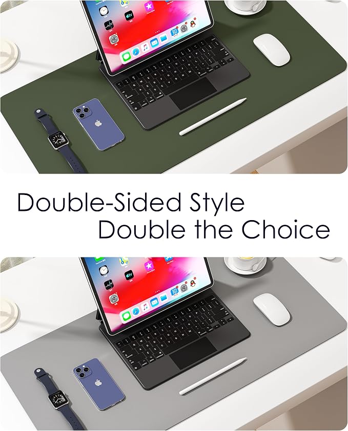 Leather Desk Pad Protector, Waterproof Mouse Pad, PU Desk Mat, Office Desk Cover, Desk Writing Mat for Office/Home/Work/Cubicle (Green/Gray) 23.6x13.7 in