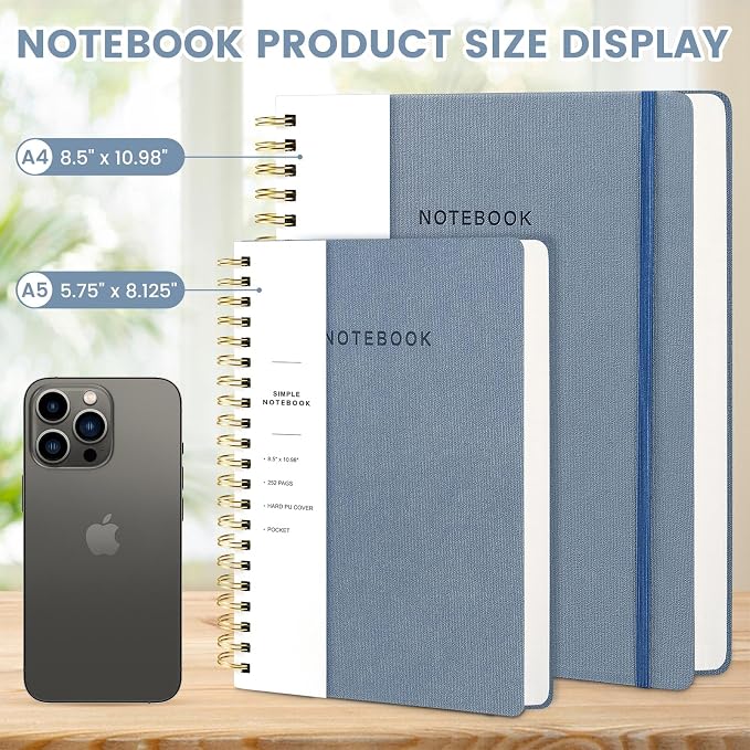 Spiral Notebook - 8.5 x 10.98 Inch Large Hard Cover Notebook with Elastic Band & Pocket, 180 Pages, Lay Flat Wirebound Journal for Work, School, Planning & Note Taking ReefBlue