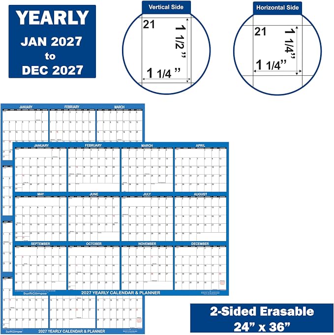 24" x 36" SwiftGlimpse 2027 Wall Calendar Erasable Large Wet & Dry Erase Laminated 12 Month Annual Yearly Wall Planner, Reversible, Horizontal/Vertical, Navy (1-PACK)