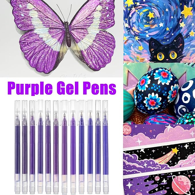 Purple Gel Pens Set,24 Colored Gel Pens Glitter Metallic Pastel Morandi Neon Color Gel Pen More Ink Colored Gel Pens for Adults Coloring Books Drawing, Doodling, Scrapbook, Journaling