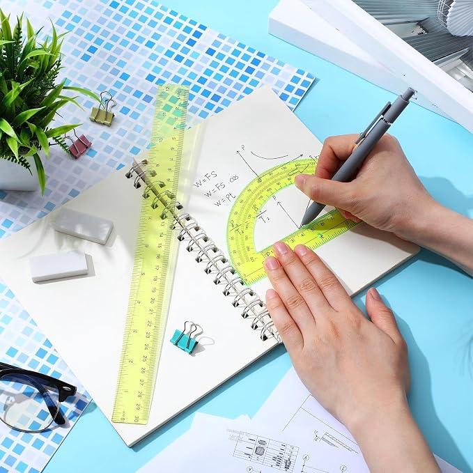 Zonon 2 Pcs 12 Inch Clear Ruler and 6 Inch Plastic Protractor Set, Dual Scale Inch/Cm Math Geometry Measuring Tools for Back to School Students Teachers Classroom Office Drafting Use(Yellow)