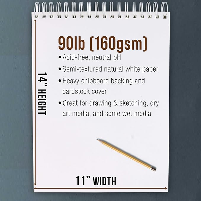 U.S. Art Supply 11”x14 Premium Heavy-Weight Paper Spiral Bound Sketch Book: 90 Pound (160gsm), 30-Sheet Drawing Pad (2 Pack)