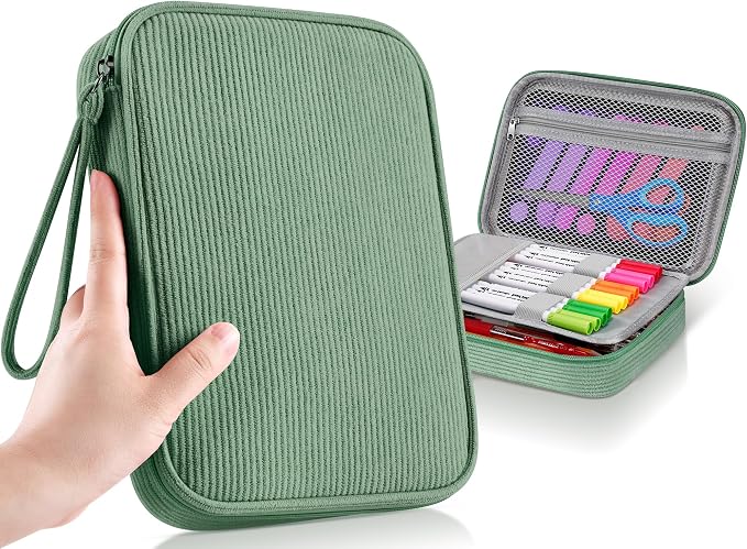 Zannaki Large Capacity Pencil Pouch Organizer | Soft Corduroy Pencil Box for Girls Boys Teens | Cute Big Pen Bag with Multiple Zipper Pockets - Pencil Case Storage for Art Supplies & Stationery-Green
