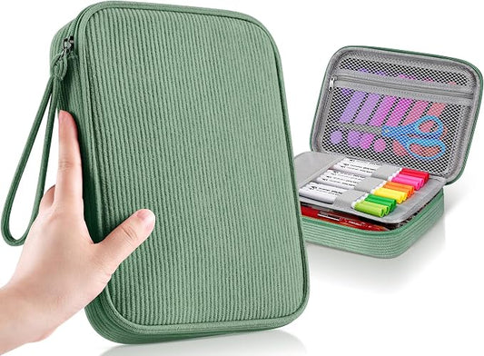 Zannaki Large Capacity Pencil Pouch Organizer | Soft Corduroy Pencil Box for Girls Boys Teens | Cute Big Pen Bag with Multiple Zipper Pockets - Pencil Case Storage for Art Supplies & Stationery-Green