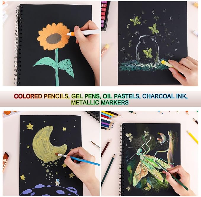 Black Paper Sketchbook 2 Pack, 9 × 12 in, 100 Sheets, 160gsm Spiral Bound | Acid-Free 108 Lb Black Paper, Left Spiral Tear-Out Pages, Hardcover for Drawing, Chalk, Gel Pens And Mixed Media