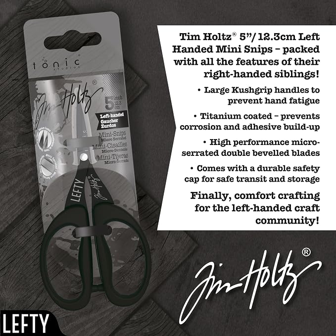 Tim Holtz Left Handed Scissors - 5 Inch Mini Snips with Micro Serrated Blade - Lefty Craft Tool for Cutting Paper, Fabric, and Sewing - Titanium with Black Comfort Grip Handles
