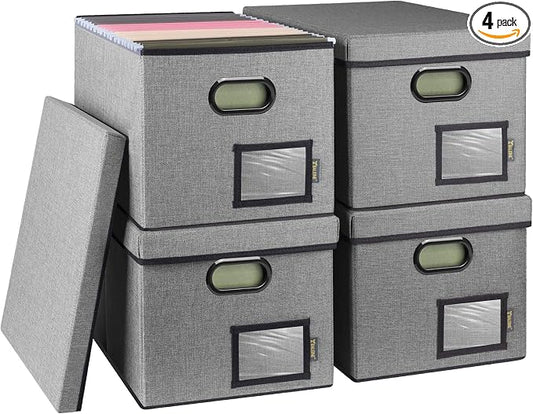BALEINE File Organizer Box with Lid, Collapsible File Folder Organizer with Plastic Slide, Filing Box for Office Home Document Organizer Storage (Gray, 4PK)