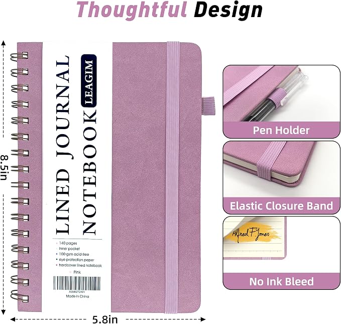 LEAGIM Lined Spiral Journal Notebook for Women & Men, College Ruled Hardcover Notebook for Work & Note Taking, Journals for Writing, 100 GSM, Business, School, 140 Pages, A5(5.8"x8.5") - Pink
