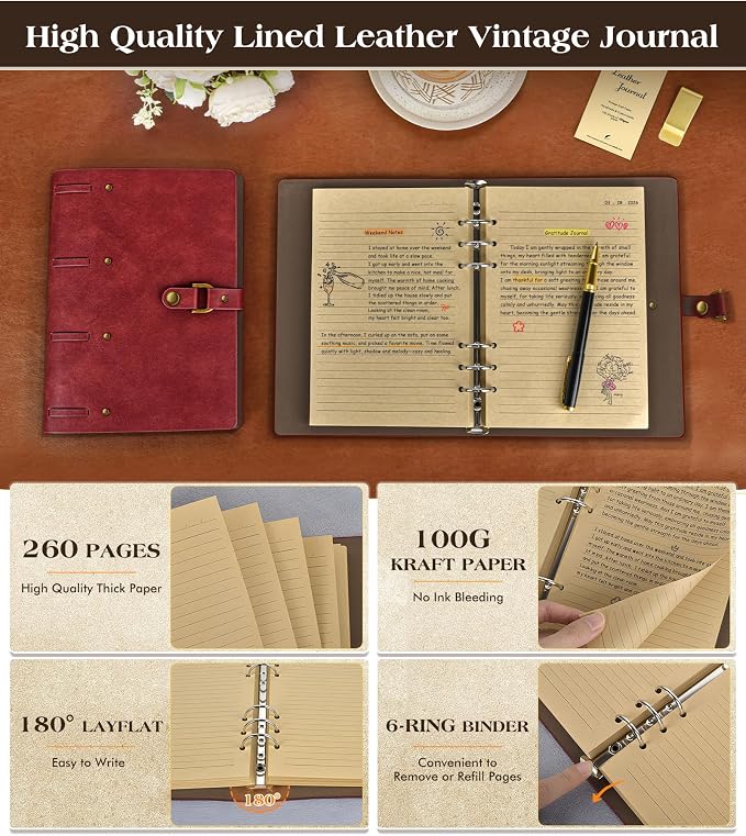 Leather Journal Notebook, A6 Size 5.3 x 7 inches 260 Pages Refillable Vintage Travel Notebook with Gift Box, 100 GSM Thick Lined Paper Journal Writing Diary Note Taking for Men and Women – Wine Red