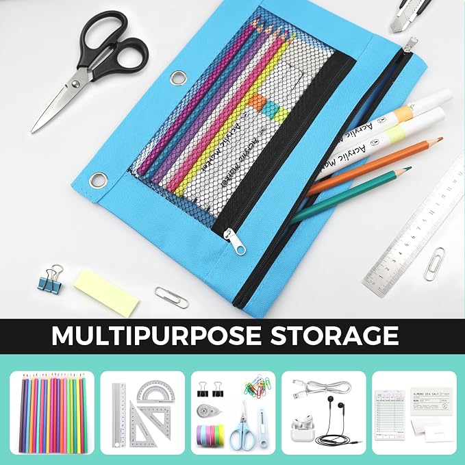 3 Ring Pencil Pouch for Binder, 2-Pocket Zipper Pencil Case with Clear Window & Mesh Pocket, 600D Oxford Fabric Binder Pouch for School Office Supplies, Fits Standard 3-Ring Binders, Sky Blue