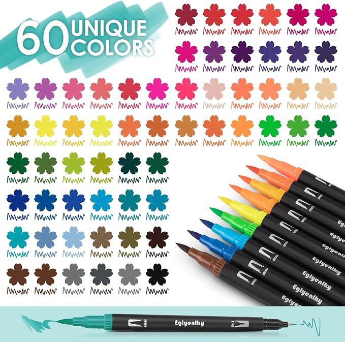 Eglyenlky 60 Coloring Pens for Adult Coloring Books, Dual Tip Brush Pens, Felt Markers with Fine and Brush Watercolor Marker Set for Kid Adult Artist Drawing