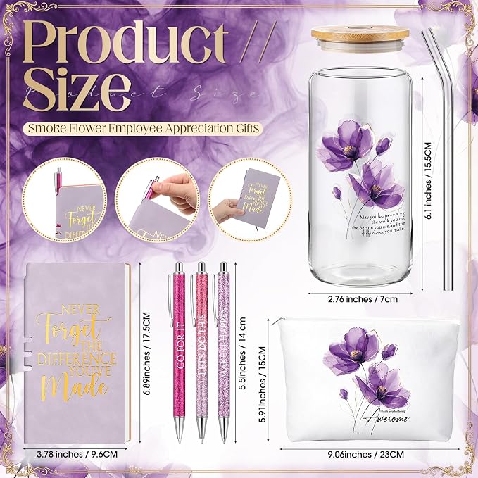 Funnymoom 6 Pcs Appreciation Gifts Set for Women Back to School Teacher Gifts Employee Thank You Gift with 17 oz Glass Tumbler Journal Pens and Pouch for Coworkers Educators,Floral,Purple