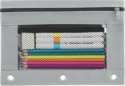 3 Ring Pencil Pouch for Binder, 2-Pocket Zipper Pencil Case with Clear Window & Mesh Pocket, 600D Oxford Fabric Binder Pouch for School Office Supplies, Fits Standard 3-Ring Binders, Grey